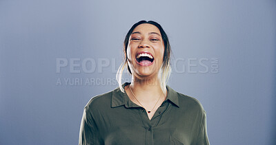 Buy stock photo Comic, woman and portrait for laugh in studio with confidence, joke and good mood on gray background. Space, excited model and smile for carefree personality, comedy and humor or funny meme reaction