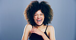 Funny, crazy and woman laugh in studio for joke, goofy comedy and lol isolated on background with space. Face, smile and African person with humor, excited or comic with eyes closed for happiness