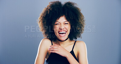 Buy stock photo Funny, crazy and woman laugh in studio for joke, goofy comedy and LOL isolated on background with space. Face, smile and African person with humor, excited or comic with eyes closed for happiness