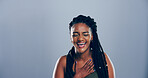Funny, crazy and black woman laugh in studio for joke, goofy comedy and lol isolated on gray background. Face, happy and African person with humor, excited or comic with eyes closed on mockup space