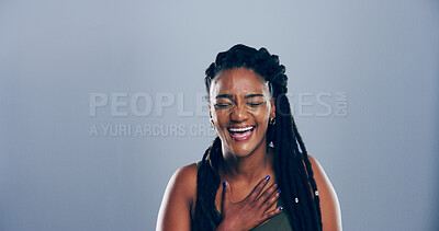 Buy stock photo Funny, crazy and black woman laugh in studio for joke, goofy comedy and LOL isolated on gray background. Face, happy and African person with humor, excited or comic with eyes closed on mockup space