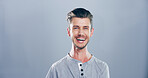 Business, happy and portrait of man in studio for startup company, entrepreneurship and career. Professional, creative worker and isolated person on mockup space for sales manager on gray background