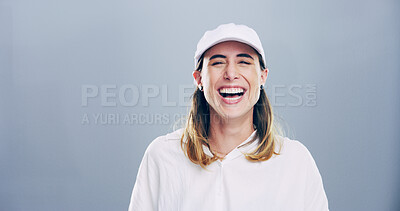 Buy stock photo Laugh, student and portrait of girl in studio for humor for sports scholarship, athlete bursary or college. Mockup space, funny and happy person for education, university or school on gray background