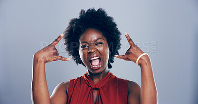 Buy stock photo Portrait, smile or black woman in studio with rock hand gesture for expression on gray background. Culture, wild female rocker and edgy African model with devil horn sign, funky emoji or punk symbol