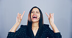 Crazy, screaming and woman with rock hand gesture in studio for expression or space on gray background. Culture, edgy female rocker and wild model with devil horn sign, funky emoji and punk symbol