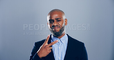 Buy stock photo Portrait, confident and black man with peace sign in studio with arrogant attitude, mockup space or facial expression. Grey background, face and African male model for cool gesture, fashion or symbol