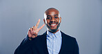 Portrait, confidence or black man with peace sign in studio with positive attitude, mockup space or expression. Grey background, face and African fashion designer for cool gesture, vote and v symbol