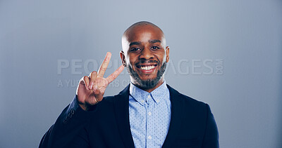 Buy stock photo Portrait, confidence or black man with peace sign in studio with positive attitude, mockup space or expression. Grey background, face and African fashion designer for cool gesture, vote and v symbol