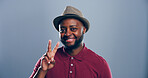 Portrait, space and black man with peace sign in studio with positive attitude, confidence and expression mockup. Grey background, face or proud African male model for cool gesture, trust or v symbol