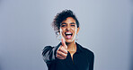 Portrait, thumbs up and woman in studio, excited and agreement on gray background. Face, person and model with hand gesture, support and feedback with symbol, perfect and like with emoji and review