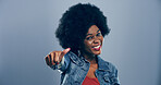Portrait, thumbs up and black woman in studio, icon and agreement on gray background. Face, African person and model with hand gesture, feedback and icon with symbol, perfect and like with emoji