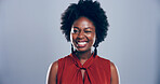 Black woman, happy and face with wink in studio portrait, sign or emoji for secret, flirt or joke by background. Person, model and smile with icon, style and eye symbol by space with pride in Nigeria
