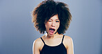 Studio, woman and portrait with wink for goofy, emoji expression and carefree model with flirting. African female person, mouth and silly with funny personality, crazy and mockup by gray background