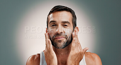Buy stock photo Washing, soap and portrait of happy man in studio for wellness, cleaning and facial treatment. Dermatology, beauty and person with cream, moisturizer and skincare cosmetics on gradient background