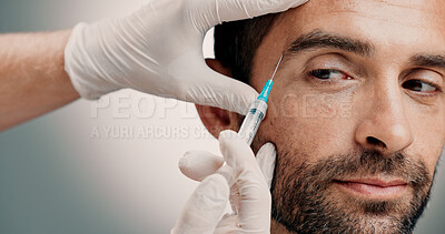 Buy stock photo Hands, man and facial injection in studio of skincare, facelift cosmetic and anti aging treatment. Person, needle and beauty procedure with dermal filler, implants and transformation white background