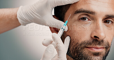 Buy stock photo Portrait, man and facial injection in studio for skincare, facelift cosmetic and anti aging treatment. Person, needle and beauty procedure with dermal filler, implants and change  on white background