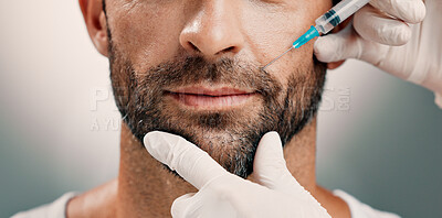 Buy stock photo Hands, man and face injection in studio of skincare, facelift cosmetic and anti aging treatment. Person, needle and beauty procedure with dermal filler, facial implants and change on white background