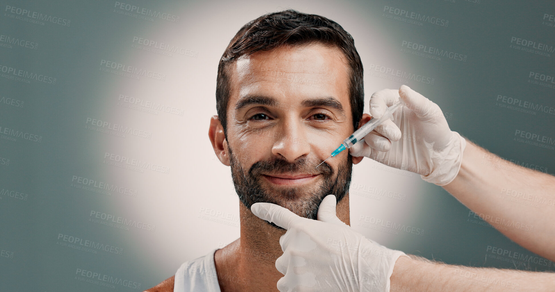 Buy stock photo Portrait, man and beauty injection in studio for skincare, facelift cosmetic and anti aging treatment. Person, needle and facial procedure with dermal filler, implants and change on white background
