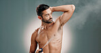 Spray, armpit and skincare for man, studio and wellness for skin with deodorant, hygiene and space. Healthy, cosmetics and body care for underarm with fragrance, grooming and person with product