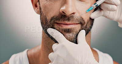 Buy stock photo Doctor, man and face injection in studio of skincare, facelift cosmetic and anti aging treatment. Person, needle and beauty procedure for dermal filler, implant process and change on white background