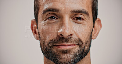 Buy stock photo Portrait, skincare and man with natural beauty, beard and facial treatment isolated on white background. Face, cosmetics and male model with confidence for dermatology, glow and aesthetic in studio