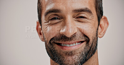 Buy stock photo Portrait, skincare and happy man with natural beauty, beard and facial treatment. Face, cosmetics and male model with confidence for dermatology, glow and aesthetic on white background with space