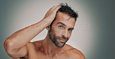 Buy stock photo Beauty, hair and self care with portrait of man in studio for cleaning, salon grooming and hairstyle. Shampoo, cosmetics and aesthetic with person on background for texture and spa treatment