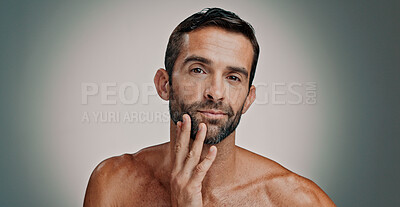 Buy stock photo Beauty, beard and skincare with portrait of man in studio for cleaning, salon grooming and dermatology. Self care, cosmetics and aesthetic with person on background for facial and spa treatment