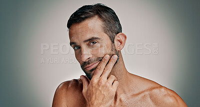 Buy stock photo Beauty, beard and grooming with portrait of man in studio for cleaning, salon skincare and dermatology. Self care, cosmetics and aesthetic with person on background for facial and spa treatment
