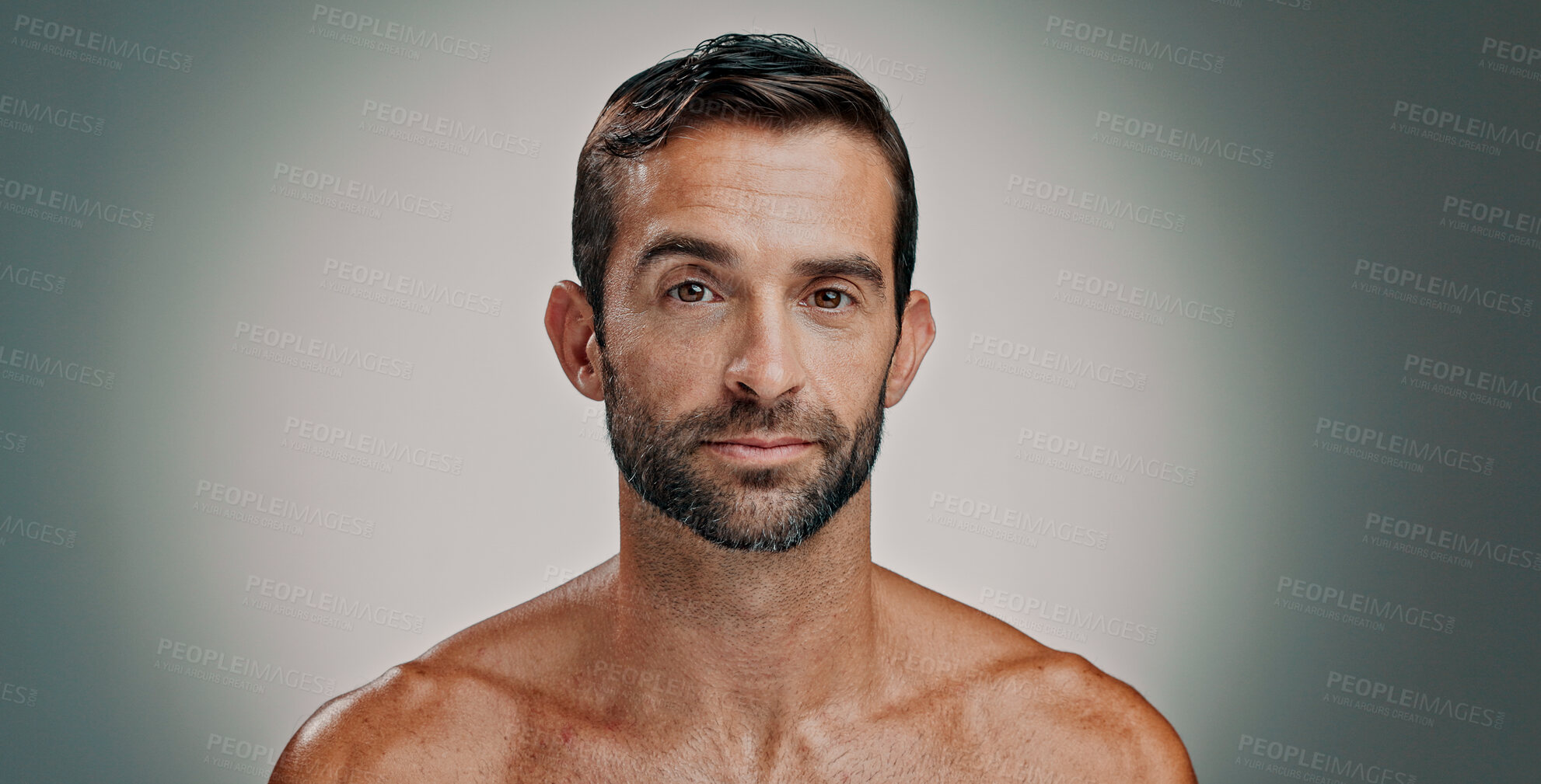 Buy stock photo Beauty, skincare and portrait of man in studio for natural, beard and facial treatment. Face, cosmetics and confident male model with dermatology, glow and aesthetic isolated on gray background