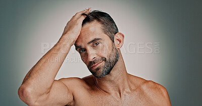 Buy stock photo Beauty, hair and skincare with portrait of man in studio for cleaning, salon grooming and growth. Self care, cosmetics and aesthetic with person on background for shampoo, hairstyle and spa treatment
