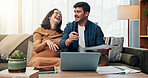 Pregnant woman, man and documents for finance in home on sofa with laugh, planning and laptop in lounge. Couple, parents and happy with review, savings and discussion with budget, payment or bills