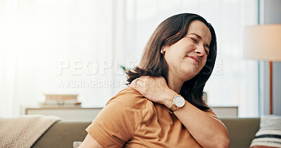 Buy stock photo Shoulder pain, discomfort and woman on sofa in home with stress, muscle tension and injury in living room. Health, burnout and tired person with medical crisis, inflammation and fatigue in house