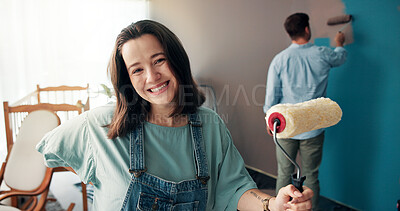 Buy stock photo Happy woman, nursery and paint brush in home for renovation, wall decoration or portrait with man. DIY, interior design and parents with improvement, preparation or painting for makeover in baby room