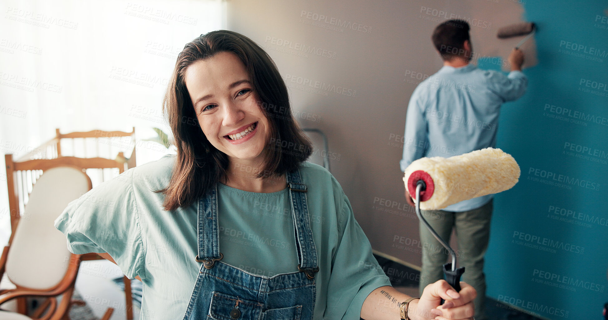 Buy stock photo Happy woman, nursery and paint brush in home for renovation, wall decoration or portrait with man. DIY, interior design and parents with improvement, preparation or painting for makeover in baby room
