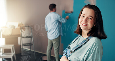 Buy stock photo Portrait, renovation and happy woman in new home for painting, wall decoration and color choice with man. DIY, interior design and couple with improvement, remodeling and makeover for real estate