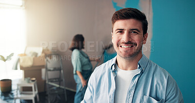 Buy stock photo Couple, painting and portrait of man in home for interior design, planning and renovation in nursery. Family, marriage and happy male and pregnant woman for decoration, remodeling and DIY project