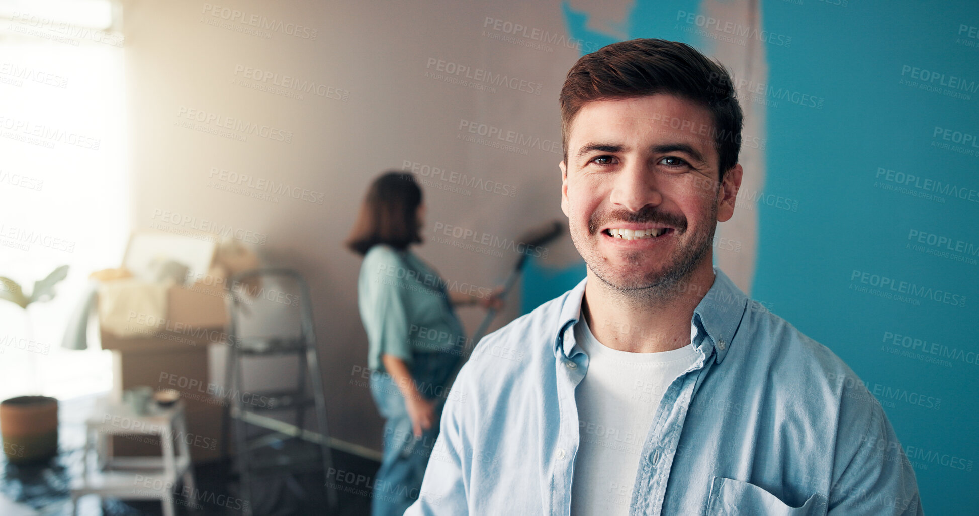 Buy stock photo Couple, painting and portrait of man in home for interior design, planning and renovation in nursery. Family, marriage and happy male and pregnant woman for decoration, remodeling and DIY project