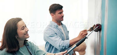 Buy stock photo Couple, smile and painting a wall in home for diy renovation, living room makeover or house improvement. Interior design, people or support for lounge decoration process, teamwork or relationship