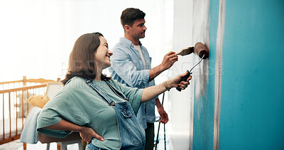 Buy stock photo DIY, wall and couple painting with pregnancy for interior design, planning and renovation in new home. Family, marriage and man and woman helping for nursery decoration, remodeling and project