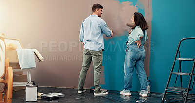 Buy stock photo Diy, happy and couple painting in home for interior design, planning and renovation in nursery. Family, marriage and man with pregnant woman helping for wall decoration, remodeling and project