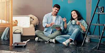 Buy stock photo Home renovation, nursery and couple with tablet, conversation and planning for decoration. Digital layout, parents or man with woman on floor, tech and ecommerce choices with diy, break and maternity