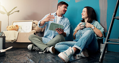 Buy stock photo Home renovation, discussion and couple with tablet, baby room and planning for decoration. Nursery, parents and man with woman on floor, digital layout or ecommerce choices with diy, break or talking