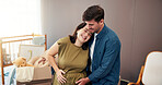 Pregnancy, couple and touching belly in home for prenatal care, maternity connection or excited for baby. People, pregnant parents and tummy affection in nursery for bonding, happy or nesting support