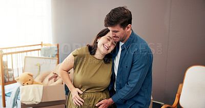 Buy stock photo Pregnancy, couple and touching belly in home for prenatal care, maternity connection or excited for baby. People, pregnant parents and tummy affection in nursery for bonding, happy or nesting support