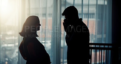 Buy stock photo Conflict, couple and crisis with argument in home for cheating affair, marriage infidelity or betrayal. Silhouette, frustrated people and pregnant woman for toxic relationship, drama or divorce