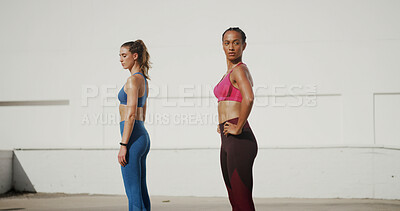 Buy stock photo Thinking, fitness and women in city for exercise, training and workout in urban town. Health, sports and people resting outdoors for wellness, performance and endurance in morning for challenge