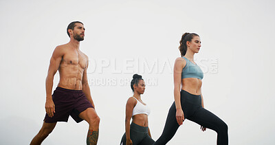 Buy stock photo Yoga, workout and people for wellness, balance and health in morning for calm, mobility and flexibility. White background, friends and man and women for exercise, fitness and stretching for pilates