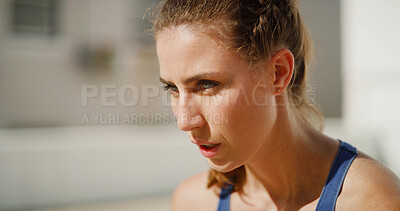 Buy stock photo Breathing, outdoor and woman with fitness, tired and calm with rest, wellness or challenge. Healthy person, athlete or girl in street, training or workout with runner, fatigue or exhausted with space