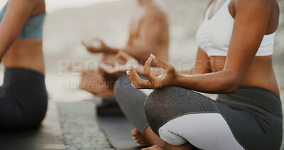 Buy stock photo Class, meditation and hands of woman in nature for lotus pose, workout and spiritual retreat. Zen, healing and calm with closeup of people and outdoor yoga exercise for chakra, mindfulness and health